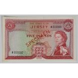 British Banknote - The States of Jersey - Five Pounds Specimen, 1963-72, serial No. A 000000,