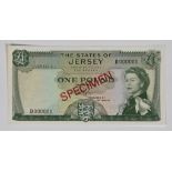 British Banknote - The States of Jersey - One Pound Specimen, 1963-72, serial No. D000000, Padgham