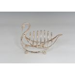 A silver plated novelty swan toast rack, late 20th century, six division, raised on four ball