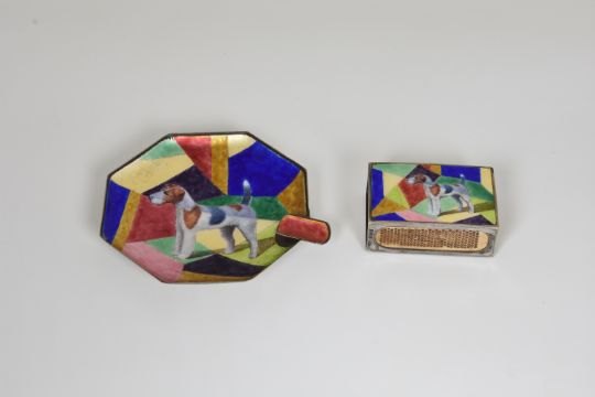 An extremely rare Art Deco silver and enamel smokers set, comprising an octagonal ashtray and - Image 7 of 7