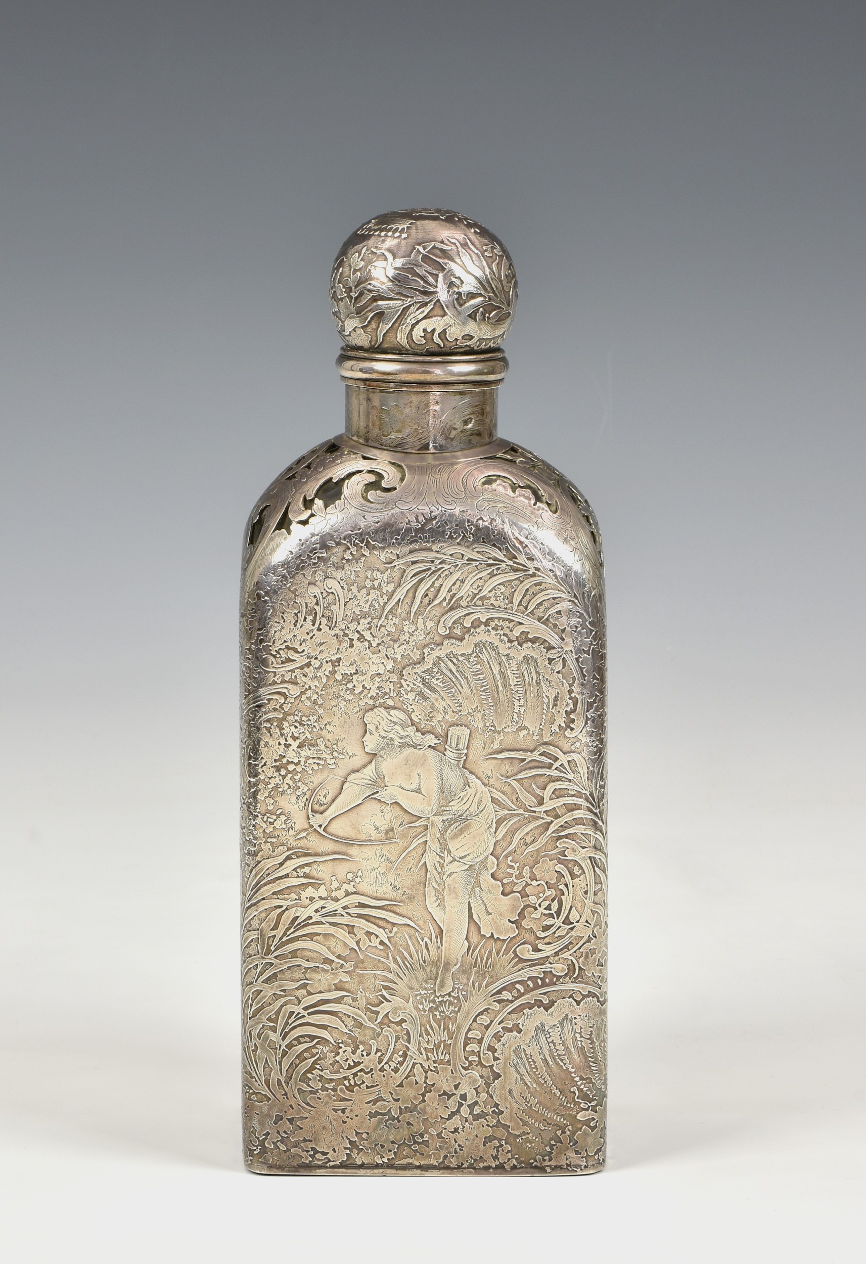 An exceptionally fine quality Continental silver cased glass hunting flask / bottle, of