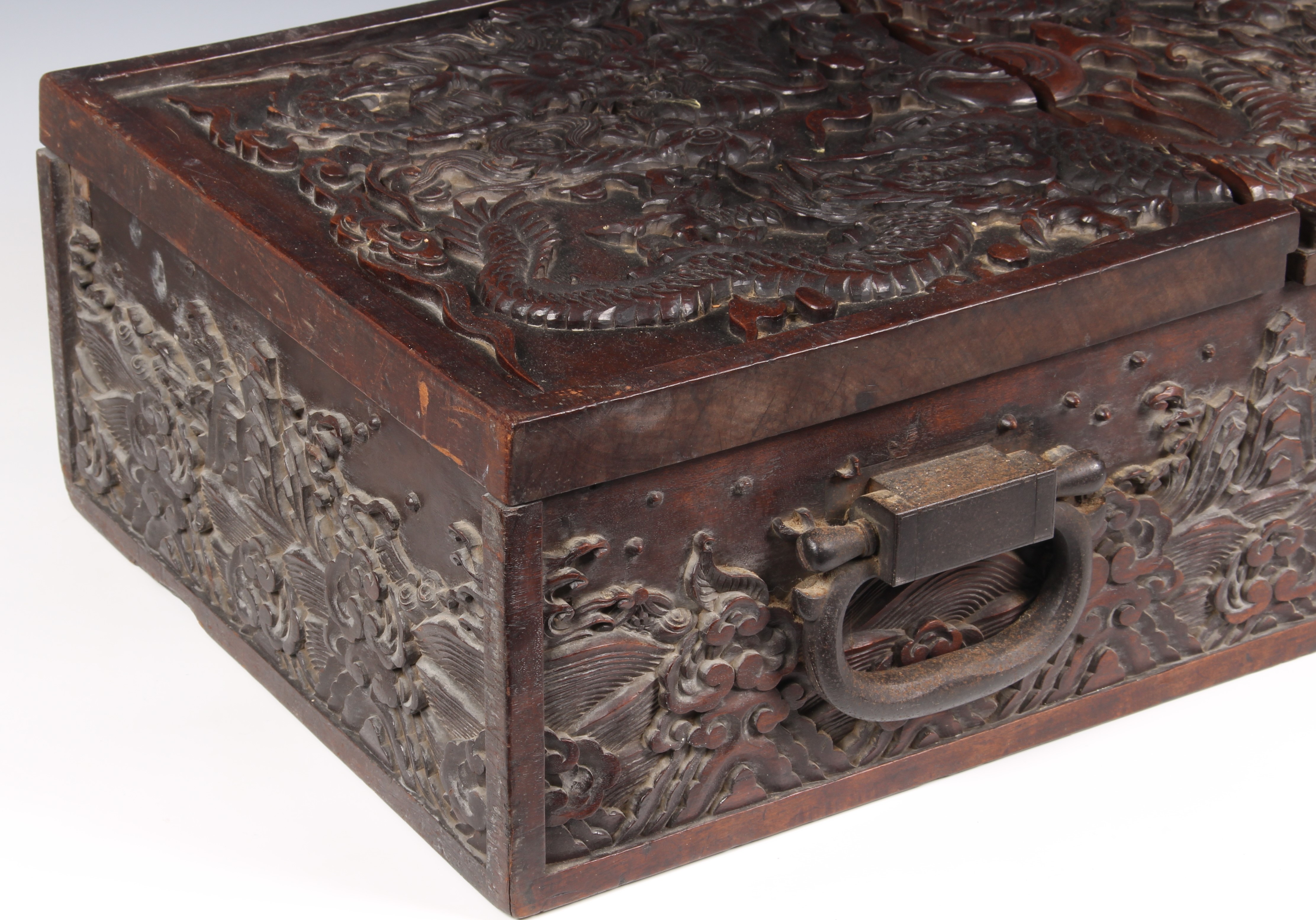 A Chinese carved teak document/writing box with iron furniture, probably 19th century, the two - Image 2 of 10