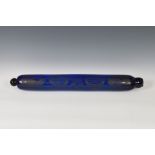 An early 19th century unusually large 'Mariners' Bristol glass cobalt blue rolling pin, gilt
