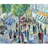 Michael Quirke (British, b.1946), Shoppers in a busy street scene with cars and trees, oil on