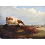 Follower of Thomas Sidney Cooper (British, 1803-1902), Cows on hillside, resting farmers and dog,