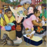 Beryl Cook (British, 1926-2008), "Street Market", oil on board, signed lower right and titled and