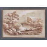 English School, early 19th century, Pair of River Landscapes, pen and ink and sepia watercolour, one