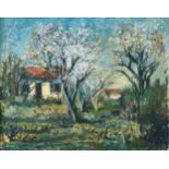 French School, mid 20th century, Cottage among Apple Trees in Blossom, oil on canvas, signed
