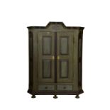 A antique Scandanavian painted pine armoire, 19th century, the architectural arched cornice over a