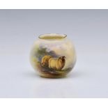 A small Royal Worcester porcelain sheep painted spherical vase by E. Baxter, painted with two long