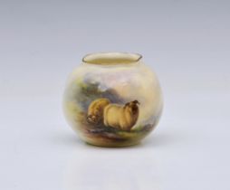 A small Royal Worcester porcelain sheep painted spherical vase by E. Baxter, painted with two long