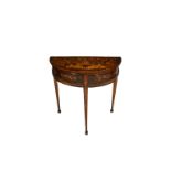 A 19th century Dutch marquetry demi lune table, the heavily inlaid top over two frieze quarter
