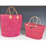 A bright pink straw / rattan bag by Tinekhome, together with a smaller bag with bamboo handle in the