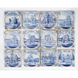A set of twelve Dutch Delft blue and white tiles, probably 17th century, the tiles with central