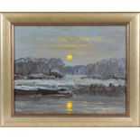 John Foulger (British, 1943-2007), 'Winter on the Orwell', oil on hardboard, signed lower left