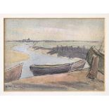 B. May Brown (mid 20th century), Boats drawn up on a Riverbank, ink and watercolour on coarse