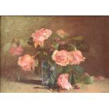 English School (mid-20th century), Still life of pink roses in a glass, pastel, unsigned, framed, 15