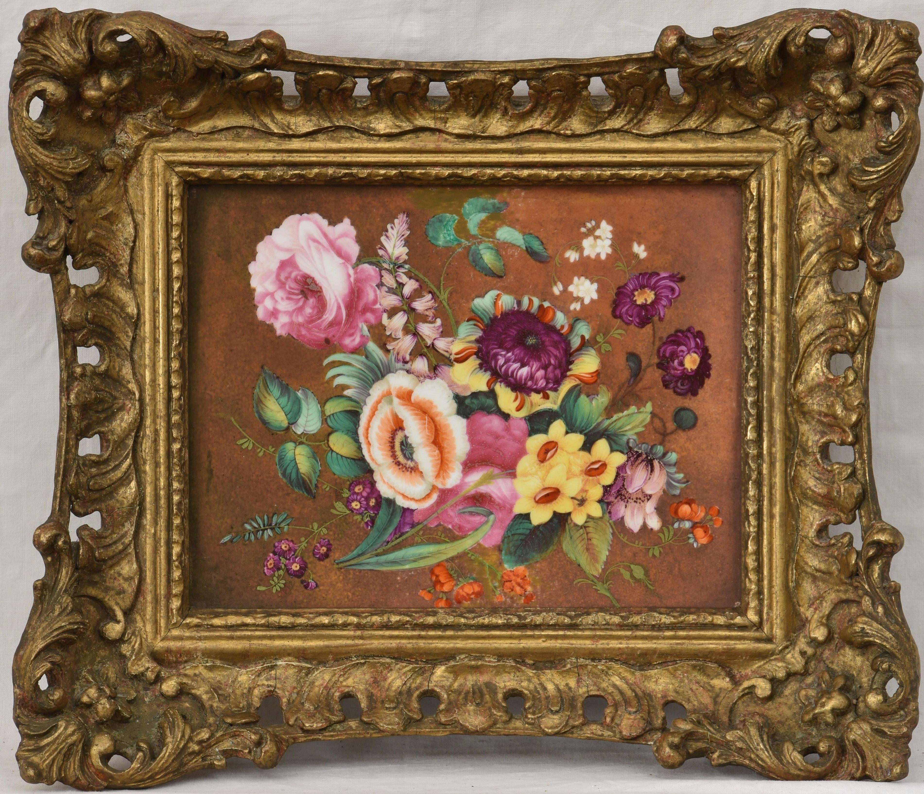 A late 19th century painted porcelain plaque, depicting a spray of spring flowers, oil on porcelain,