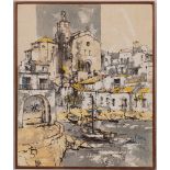 Bernard Dufour (French, 1922-2016), Mediterranean Harbour, ink and oil on canvas laid on panel,