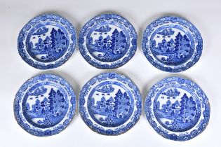 A set of six blue and white pearlware plates, 19th century, of octagonal petalled form with gilt
