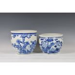 A Chinese porcelain 'pheasant and rockwork' blue and white jardiniere or fish bowl, probably early