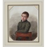 Russian School, mid 19th century, Boy leaning on a Chair, watercolour, signed lower left "L.