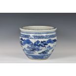 A Chinese blue and white porcelain fish bowl, 19th century, painted with a mountainous landscape