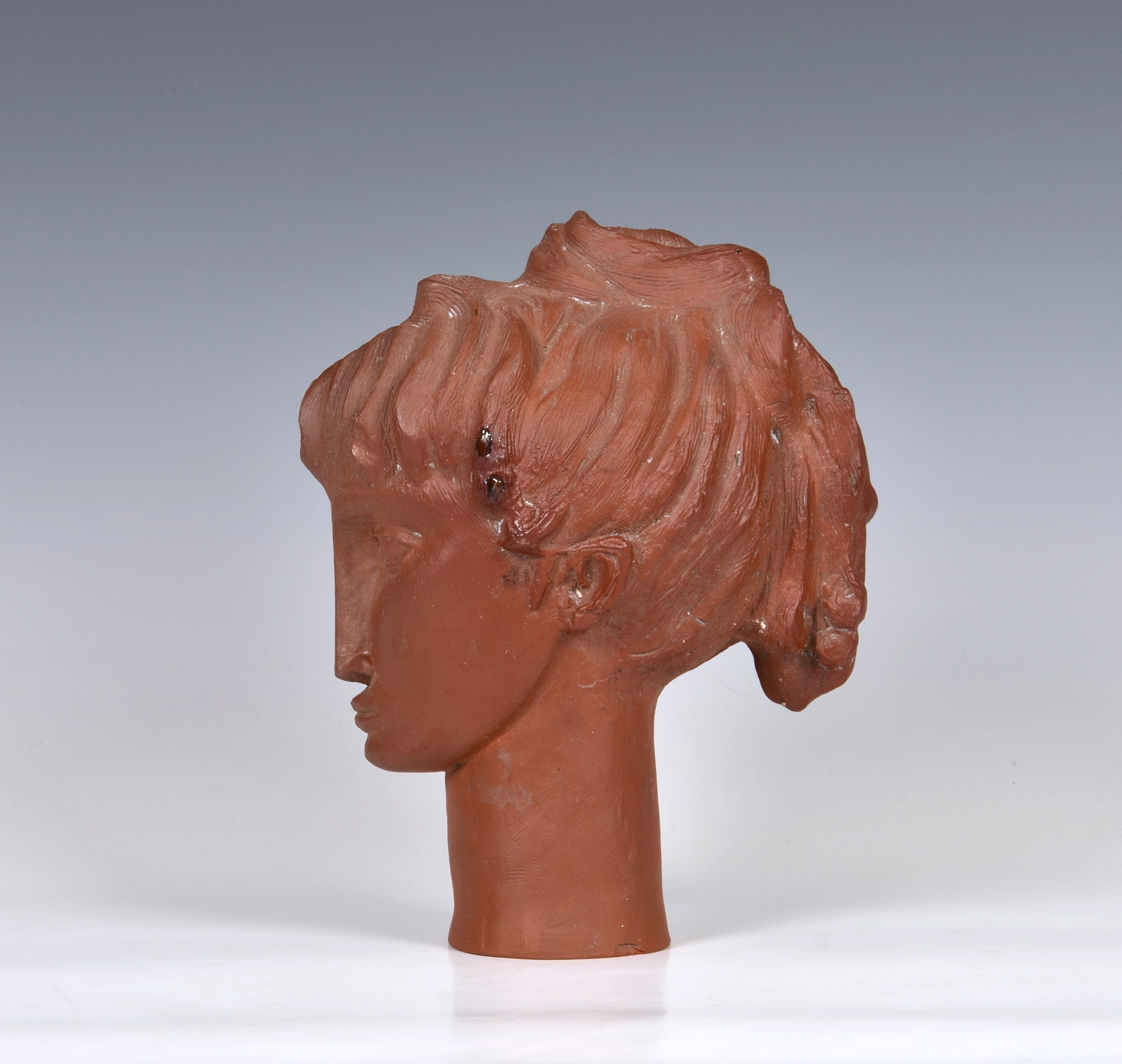 A rare Guernsey Pottery terracotta female bust, signed and dated 'K WEAS 1965 Guernsey Pottery', 8½ - Image 2 of 4