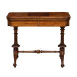 An early Victorian walnut folding card table, the inlaid chamfored top over two frieze drawers