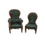 A Victorian mahogany showframe button back armchair and matching side chair, with bottle green