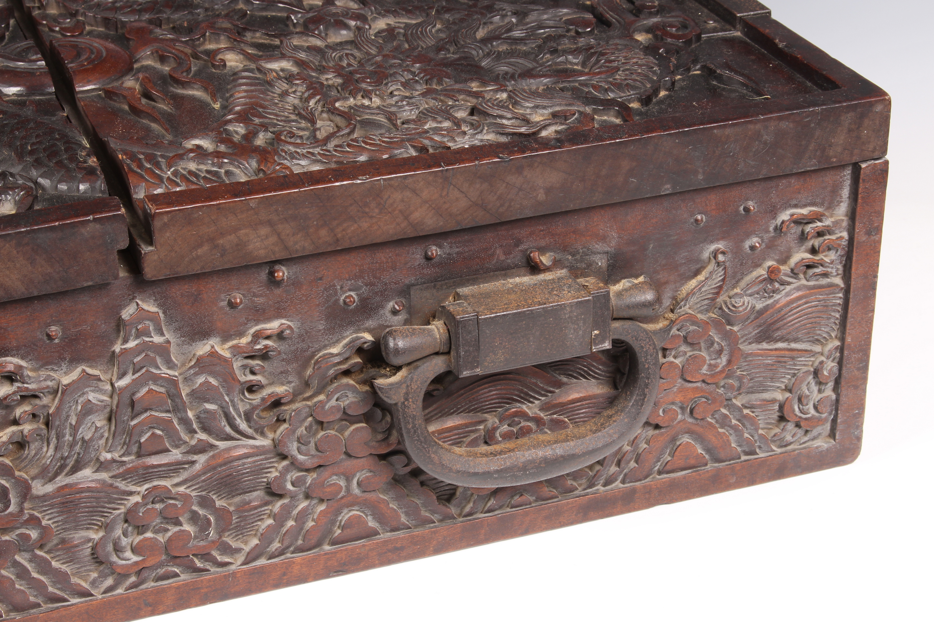 A Chinese carved teak document/writing box with iron furniture, probably 19th century, the two - Image 4 of 10