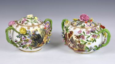 A pair of Minton porcelain flower-encrusted twin handled pots and covers, circa 1825, each painted