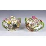 A pair of Minton porcelain flower-encrusted twin handled pots and covers, circa 1825, each painted