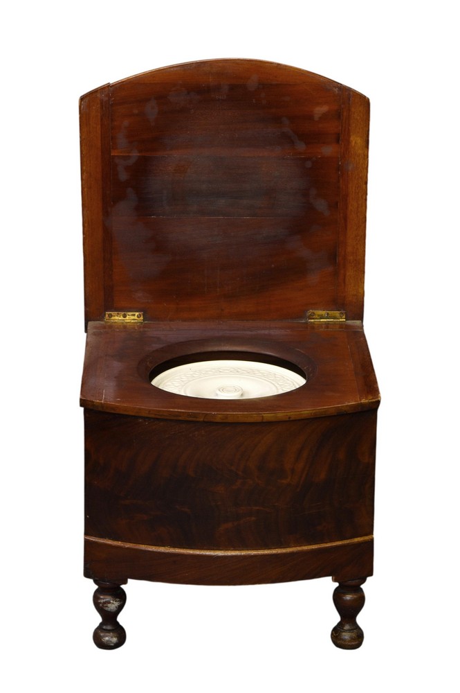 A Victorian mahogany bowfront step commode with china lidded potty and pull-out lower drawer with - Image 2 of 2