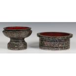 Two Chinese mother of pearl and lacquer bowls, early 20th century, one of twelve-sided, pedestal