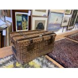 A French, early 20th Century Wicker Hamper, with cotton lining, Enamel plaque ‘Malle Moderne,