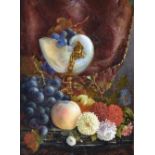 F. Elton Davies (British, 1881), Still Life of fruit and flowers with a silver gilt mounted nautilus