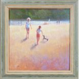 Zlatan Pilipovic (b.1958 Sarajevo), Two children by the Sea Playing with a Dog, oil on hardboard,