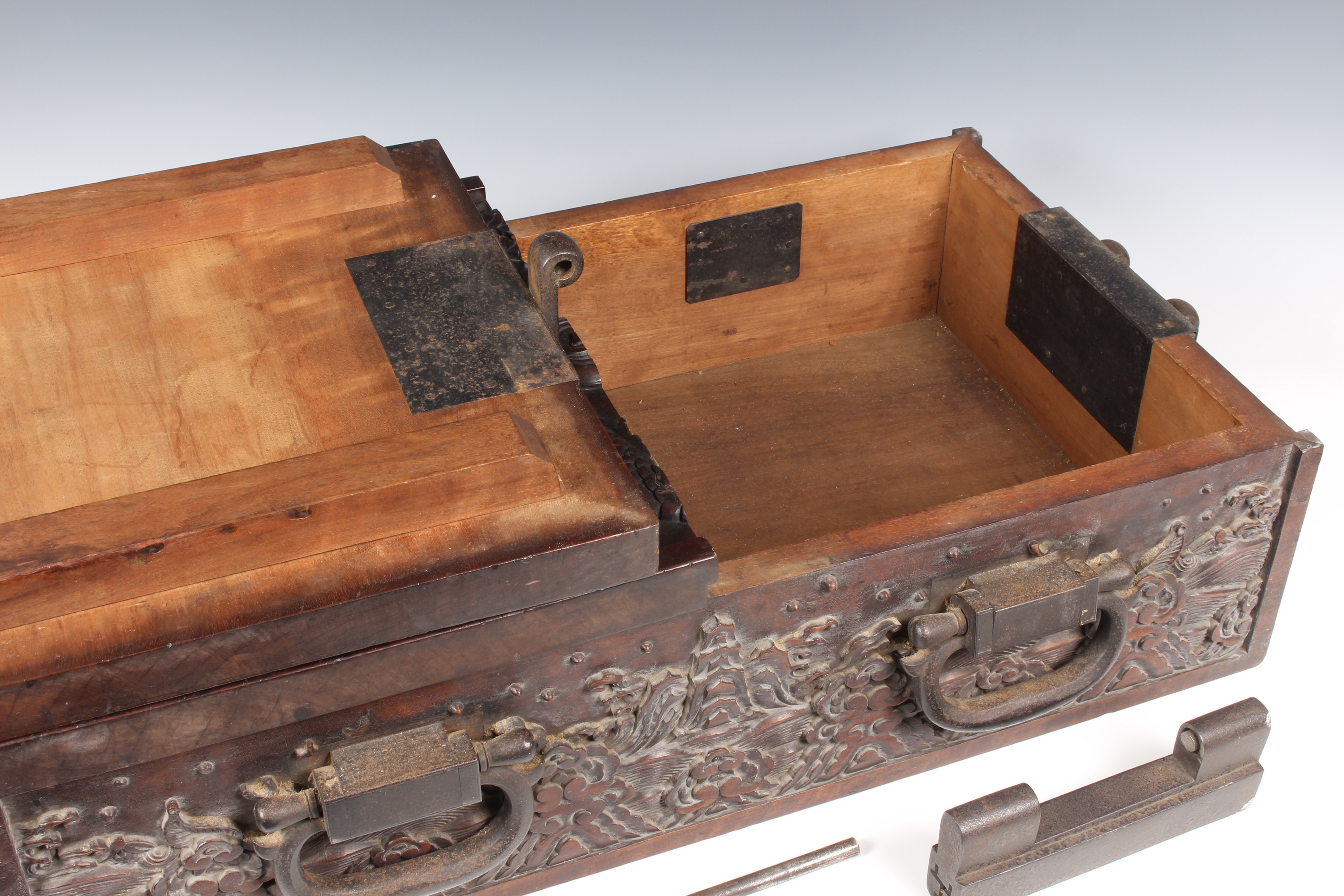 A Chinese carved teak document/writing box with iron furniture, probably 19th century, the two - Image 7 of 10