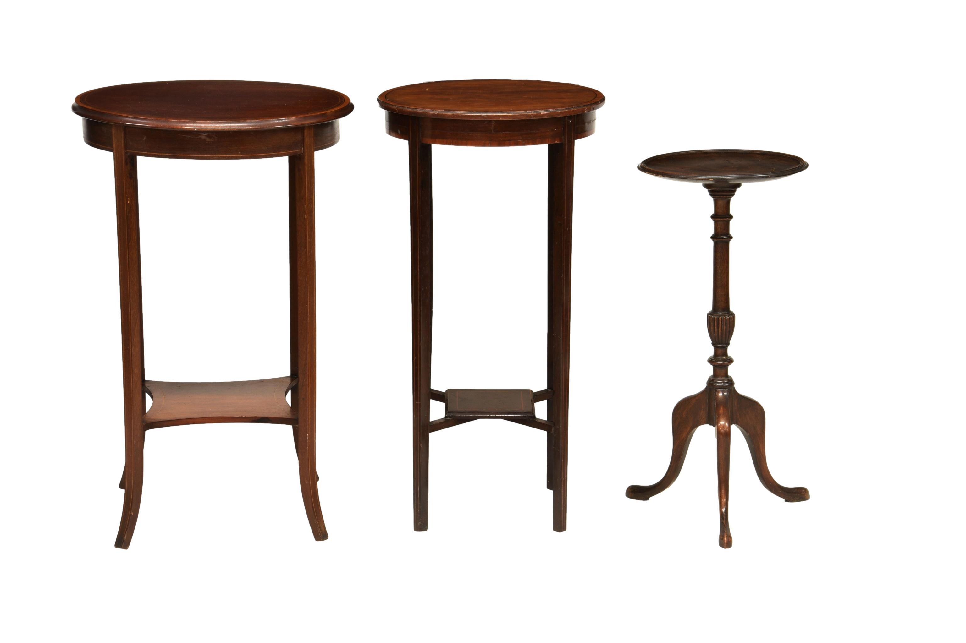 Two Edwardian mahogany crossbanded occasional tables with a Georgian mahogany wine table, The