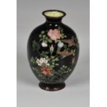 A small silver wired Japanese cloisonné vase, Meiji period (1868-1912), of ovoid form, the black