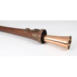 A leather cased copper coach horn, one side inscribed and retailed by S Arthur Chappell, 52 New Bond