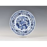 An unusual mid-20th century blue and white Chinese porcelain dish, with bands of flowers and