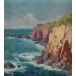 Guy Lipscombe (British, 20th century), Coastal cliff landscape, oil on canvas board, signed lower