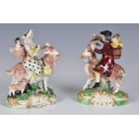 A pair of 19th century Staffordshire figures of a Welsh Tailor and his wife riding goats, the