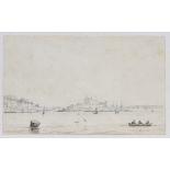 English School, 19th century, Coastal landscape, possibly Castle Cornet and St Peter Port, pencil