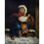 19th Century School, A gypsy girl seated on a snowy step, supporting a tambourine at her side, oil