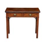 A George III mahogany gateleg card table the rectangular foldover top with red baize and floral