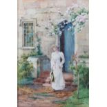 Bernard Kaufmann (British, active 1892-1901), Girl on the steps of a country house, watercolour,