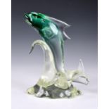 A large Murano glass fish sculpture, signed Rostrato 1976, clear and green glass fish, jumping